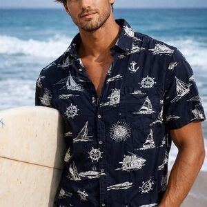 L.L. Bean Navy mens Polo with Nautical Print size xL